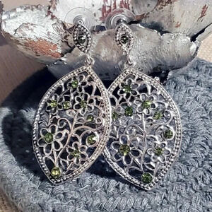 Vintage Marquise Green Rhinestone Silver Filigree Earrings